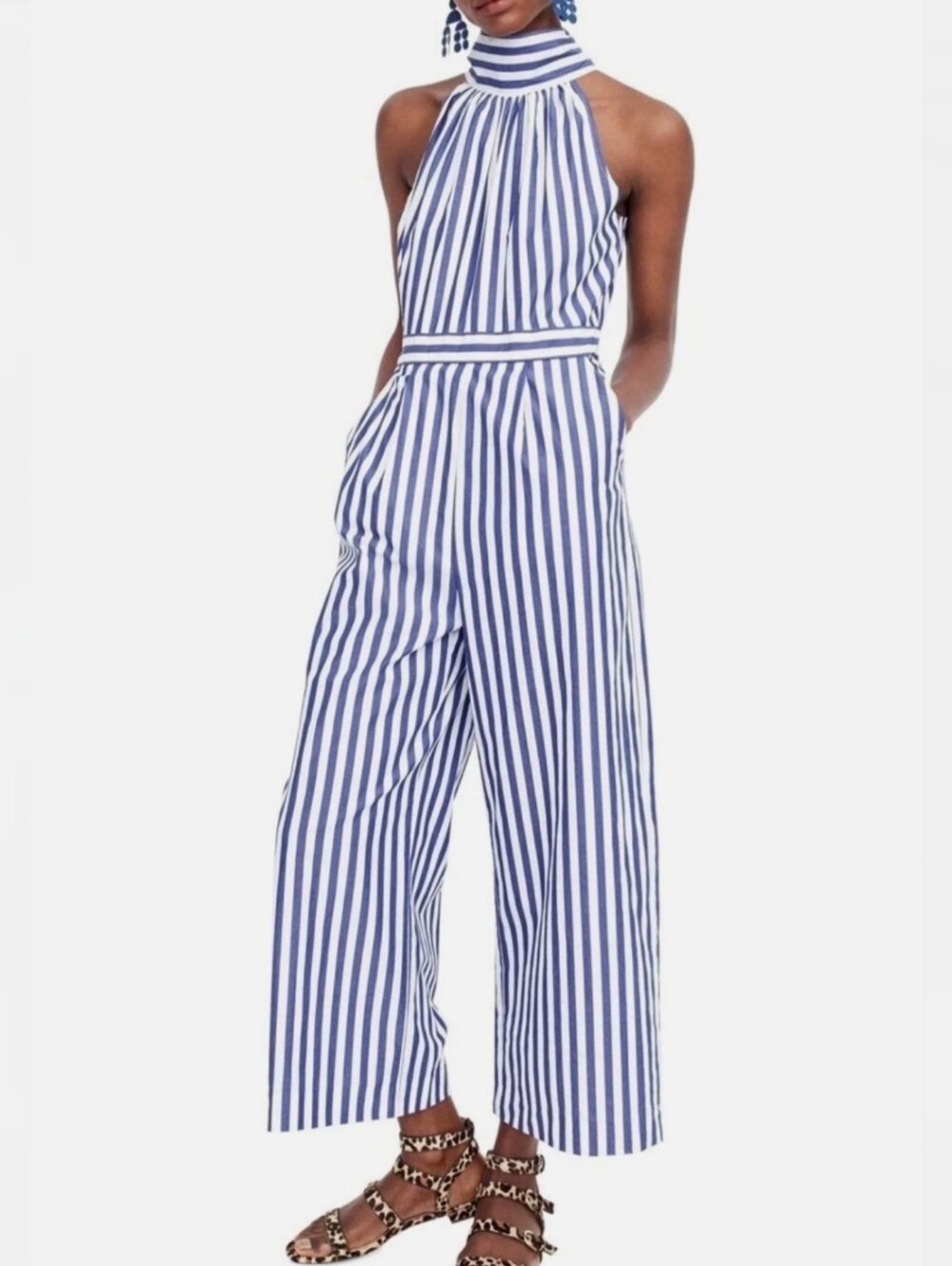 J. Crew Blue and White Cotton Striped Halter Jumpsuit 16